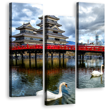Load image into Gallery viewer, Eastern Honshu Canvas Wall Art, Red Bridge in Medieval Castle 3 Piece Canvas Print, Matsumoto Castle Triptych Canvas Set, Blue Sky Nagano Ken Japan Canvas
