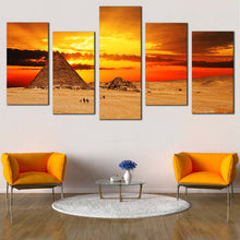 Load image into Gallery viewer, Egypt  Pyramid  Canvas  Wall  Art  Yellow  Red  Cloudy  Sunset  Sky  Canvas  Print  Brown  Giza  Necropolis  Desert  5  Piece  Multi  Panel  Canvas In Living Room
