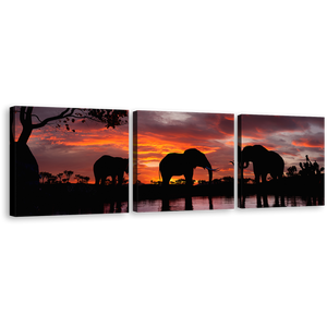 Elephants Family Canvas Wall Art, Black Group Elephant 3 Piece Canvas Print, Elephant in Orange Nature Multiple Canvas