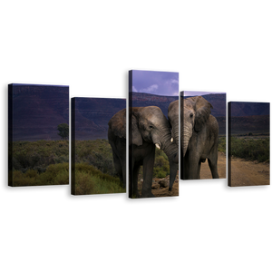 Elephants Kissing Canvas Print, Beautiful Elephant Profile 5 Piece Canvas Set, Green Scenery Animal Landscape Wall Art