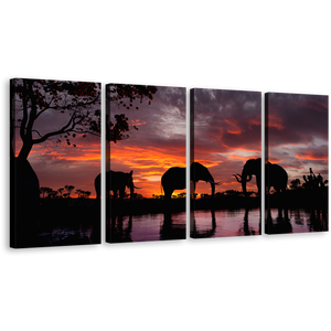 Elephants Lake Canvas Wall Art, Black Elephant Family 4 Piece Canvas Set, Elephants Orange Sunset Canvas Print