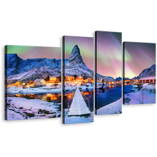 Load image into Gallery viewer, Enchanted Lofoten Canvas Print, Lofoten Island's Snowy Peaks under Blue Green Aurora Borealis 4 Piece Canvas Wall Art
