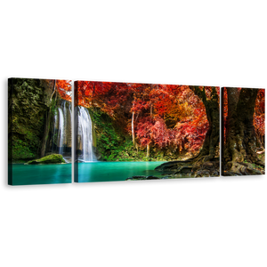 Erawan Waterfall Canvas Print, Thailand Waterfall Forest Canvas Set, Hin Rong Kla National Park 3 Piece Multi Canvas, Green Red Autumn Trees Scenery Canvas Wall Art