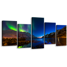 Load image into Gallery viewer, Ersfjord Aurora Canvas Print, Amazing Orange Polar Lights Multi Canvas, Dramatic Green Sky Norway's Mountains 5 Piece Wall Art
