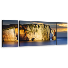 Load image into Gallery viewer, Etretat Ocean Canvas Wall Art, Falaise d'Amont Cliff 3 Piece Canvas Print, Blue Cliff Beach Multi Canvas, Normandy France Yellow Ocean Mountains Canvas Set
