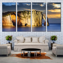 Load image into Gallery viewer, Etretat Ocean Canvas Wall Art Falaise d Amont Cliff  4 Piece Canvas Print Blue Cliff Beach Multi Canvas Normandy France Yellow Ocean Mountains For Living room
