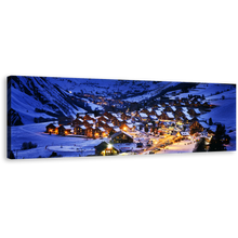 Load image into Gallery viewer, Evening Landscape Canvas Wall Art, Yellow Lights Ski Resort 1 Piece Canvas Artwork, Saint jean d'Arves Blue Mountain Canvas Print
