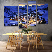 Load image into Gallery viewer, Evening Landscape Canvas Wall Art Yellow Lights Ski Resort 4 Piece Canvas Print
