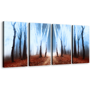 Fairytale Forest Wall Art, White Fog Mystic Scenery Trees Multi Canvas, Brown Magical Forest Autumn 4 Piece Canvas Print