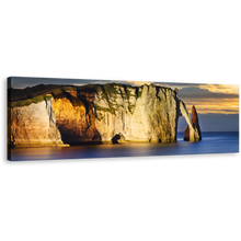Load image into Gallery viewer, Falaise d'Amont Canvas Wall Art, Blue Etretat Ocean Wide Canvas, Normandy France Yellow Ocean Mountains Canvas Print, Yellow Sunset Cliff Beach Sky 1 Piece Canvas
