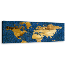 Load image into Gallery viewer, Flat World Canvas Wall Art, Yellow Vintage World Map 1 Piece Canvas Print, Blue Abstract Flat Earth Wide Canvas
