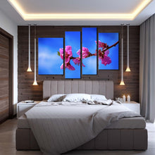 Load image into Gallery viewer, Floral Branch Canvas Print Pink Flowers Blossom Digital Painting 4 Piece Canvas Blue Sky Blossoming Branch Multi Canvas for your bedroom
