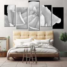 Load image into Gallery viewer, Flowering Blooming Canvas WallArt White Rose Digital Painting 5 Piece Canvas Black Background Close Up Flower Canvas Print For Bedroom
