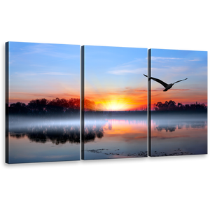 Flying Bird Canvas Print, Blue Sky Lake Trees Reflection Canvas Set, Birds Silhouettes Orange Sunset 3 Piece Canvas Wall Art