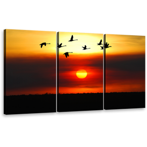 Flying Birds Canvas Print, Yellow Sky Birds Flock 3 Piece Canvas Wall Art, Beautiful Orange Sunset Triptych Multi Canvas