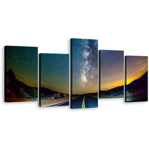 Forest Road Wall Art, Blue Milky Way Sky 5 Piece Canvas Print, Yellow Sunset Scenery Canvas Set