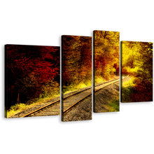 Load image into Gallery viewer, Forest Sunshine Canvas Wall Art, Red Autumnal Forest Canvas 4 Piece Multi Canvas, Yellow Forest Train Track Canvas Print
