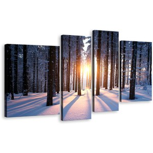 Forest Trees Canvas Print, White Snowy Winter Scenery Canvas Set, Yellow Sunset Between Trees Strains 4 Piece Wall Art