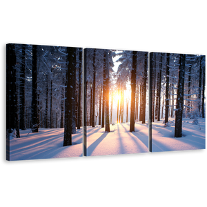 Forest Winter Wall Art Yellow Sunset Between Trees Triptych Canvas Print, Black Trees Strains Multi Canvas