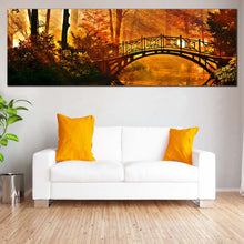 Load image into Gallery viewer, Forest  Bridge  Canvas  Print  Green  Autumn  Trees  Mystric  Park  Living  Room  Panoramic  Canvas  Yellow  Orange  Forest  Sunshine  Canvas  Wall  Art In Living Room
