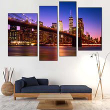 Load image into Gallery viewer, Freedom Tower Canvas Wall Art Brown Manhattan Skyline Cityscape Canvas Print Blue New York Brooklyn Bridge  4 Piece Multi Canvas Artwork 
