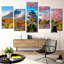Load image into Gallery viewer, Fuji Mountain Canvas Wall Art Osaka Castle Colorful Scenery Multi Canvas Artwork Japan Mountain 5 Piece Canvas Print For Living Room
