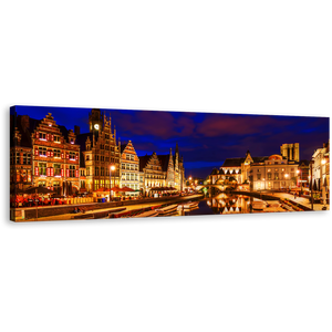 Ghent City Canvas Print, Blue Sky Belgium Canals Panoramic Wall Art, Gold Graslei Belgium Harbor City Reflection Canvas Art