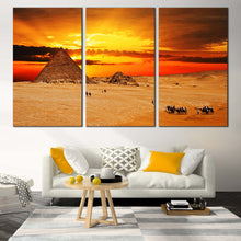 Load image into Gallery viewer, Giza  Necropolis  Canvas  Wall  Art  Egypt  Brown  Camel  Desert  Multi  Canvas  Yellow  Cloudy  Sunset  Sky  Pyramid  Living  Room  3  Piece  Canvas  Print In Living Room
