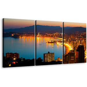 Glowing Coastline Wall Art, Yellow Benidorm City Beach Triptych Canvas Print, Amazing Blue Night City Beach Multi Canvas