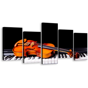 Grand Piano Canvas Wall Art, Orange Violin Canvas Print, Musical Instrument Multiple Canvas, Black Piano 5 Piece Canvas