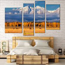 Load image into Gallery viewer, Grand Tetons Canvas Wall Art Orange Autumn Foliage Trees  4 Piece Canvas Blue Cloudy Sky Canvas Print
