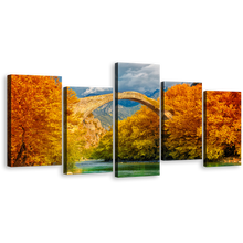 Load image into Gallery viewer, Greece Autumn Canvas Print, Orange Blossom Trees Landscape 5 Piece Multi Canvas, Green Aoos River Konitsa Bridge Wall Art
