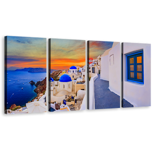 Greece Houses Canvas Print, Blue Santorini Island Aegean Sea 4 Piece Wall Art, Orange Oia Village Sunset Sky Multiple Canvas