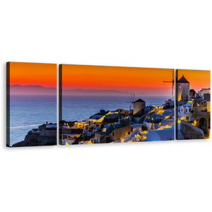 Greece Oia Canvas Wall Art, Blue Santorini Island City 3 Piece Canvas Print, Greece Orange Sky Sea Triptych Canvas Set