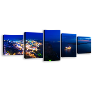 Greece Sea Canvas Wall Art, Yellow Cityscape Cruise Ship 5 Piece Multi Panel Canvas, Santorini Island Blue Cloudy Sky Canvas Print