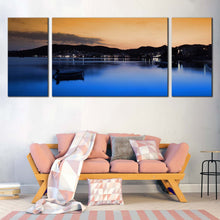 Load image into Gallery viewer, Greece City Canvas Print Blue City Beach Ocean Mountains 3 Piece Multi Canvas Milos Island Orange Sunset Sky Canvas Wall Art In Living Room
