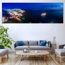 Load image into Gallery viewer, Greece  Cityscape  Canvas  Wall  Art  Yellow  Santorini  Island  City  Lights  Living  Room  1  Piece  Canvas  Print  Dramatic  Blue  Clouds  Night  Seascape  Canvas  Artwork In Living Room
