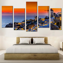 Load image into Gallery viewer, Greece Houses Canvas Print Greece Oia Orange Sky Canvas Set Blue Santorini Island Sea  5 Piece Canvas Wall Art For Bedroom
