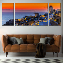 Load image into Gallery viewer, Greece  Houses  Canvas  Print  Greece  Oia  Orange  Sky  Canvas  Set  Blue  Santorini  Island  Sea    3  Piece  Canvas  Wall  Art For Living Room
