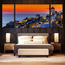 Load image into Gallery viewer, Greece  Oia  Canvas  Wall  Art  Blue  Santorini  Island  Sea     3  Piece  Canvas  Print  Greece  Orange  Sky  Triptych  Canvas  Set In Bedroom
