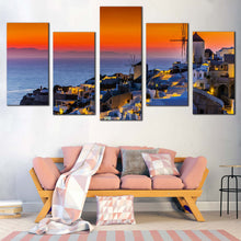Load image into Gallery viewer, Greece Oia Canvas Wall Art Blue Santorini Island Sea  5 Piece Canvas Print Greece Orange Sky Canvas Set In Living Room
