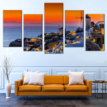Load image into Gallery viewer, Greece Sea Canvas Wall Art Santorini Island Orange Sky Multi Canvas Blue Greece Oia Houses  5 Piece Canvas Print For Your Living Room
