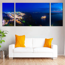 Load image into Gallery viewer, Greece Sea Canvas Wall Art Yellow Cityscape Cruise Ship 3 Piece Multi Panel Canvas Santorini Island Blue Cloudy Sky Canvas Print In Living Room
