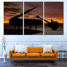 Load image into Gallery viewer, Guitar Music Canvas Wall Art Black Grand Piano Guitar 3 Piece Canvas Print Orange Sky Musical Instrument  Multiple Canvas IN Living Room

