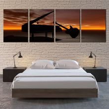 Load image into Gallery viewer, Guitar Music Canvas Wall Art Black Grand Piano Guitar 4 Piece Canvas Print Orange Sky Musical Instrument Bedroom Multiple Canvas In Bedroom
