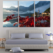 Load image into Gallery viewer, Hallstatt Mountains Canvas Wall Art Grey Austria Landscape Canvas Print Red Flowers Focus Landscape Multi Canvas Lake Hallstatter See For Bedroom
