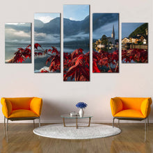 Load image into Gallery viewer, Hallstatt Mountains Canvas Wall Art Grey Austria Landscape Canvas Print Red Flowers Focus Landscape Multi Canvas Lake Hallstatter See In Living Room
