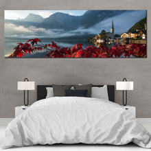 Load image into Gallery viewer, Hallstatter  See  Canvas  Print  Red  Flowers  Focus  Landscape  Canvas  Set  Grey  Austria  Landscape  Bedroom  1  Piece  Canvas  Wall  Art In Bedroom
