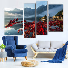 Load image into Gallery viewer, Hallstatter See Canvas Print Red Flowers Focus Landscape Canvas Set Grey Austria Landscape  4 Piece Canvas Wall Art For Living Room
