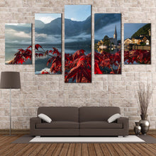 Load image into Gallery viewer, Hallstatter See Canvas Print Red Flowers Focus Landscape Canvas Set Grey Austria Landscape  5 Piece Canvas Wall Art For Living Room
